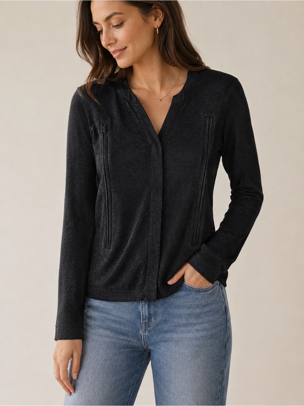 Black Breastfeeding Sparkle V-Neck Long-Sleeve Top for Women